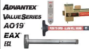 Fire code emergency exit materials, such as emergency door latches and intercoms. Text reads "Advantex Value Series AO19 EAX ECL"